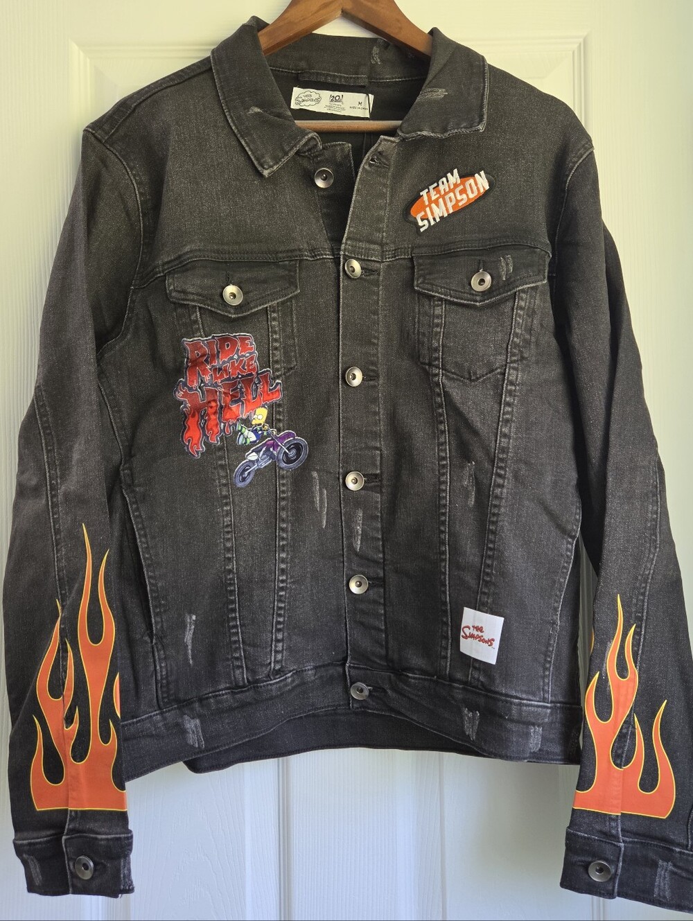 NWT The Simpsons Bart Ride Like Hell Black Denim Flame Jacket Size M